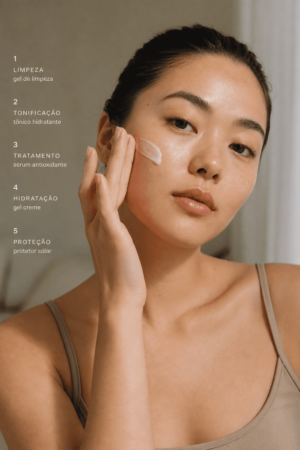 Mina com rotina matinal ordenada — skincare cosmético em luz suave.