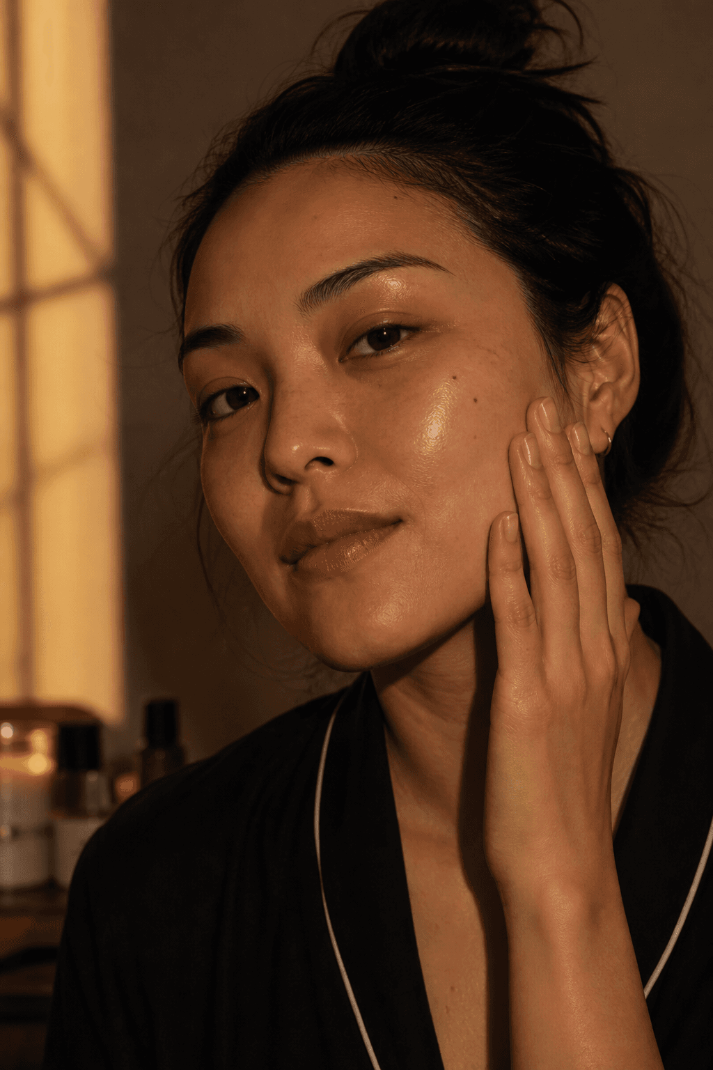 Mina na rotina noturna — limpeza, sérum e creme em luz baixa.