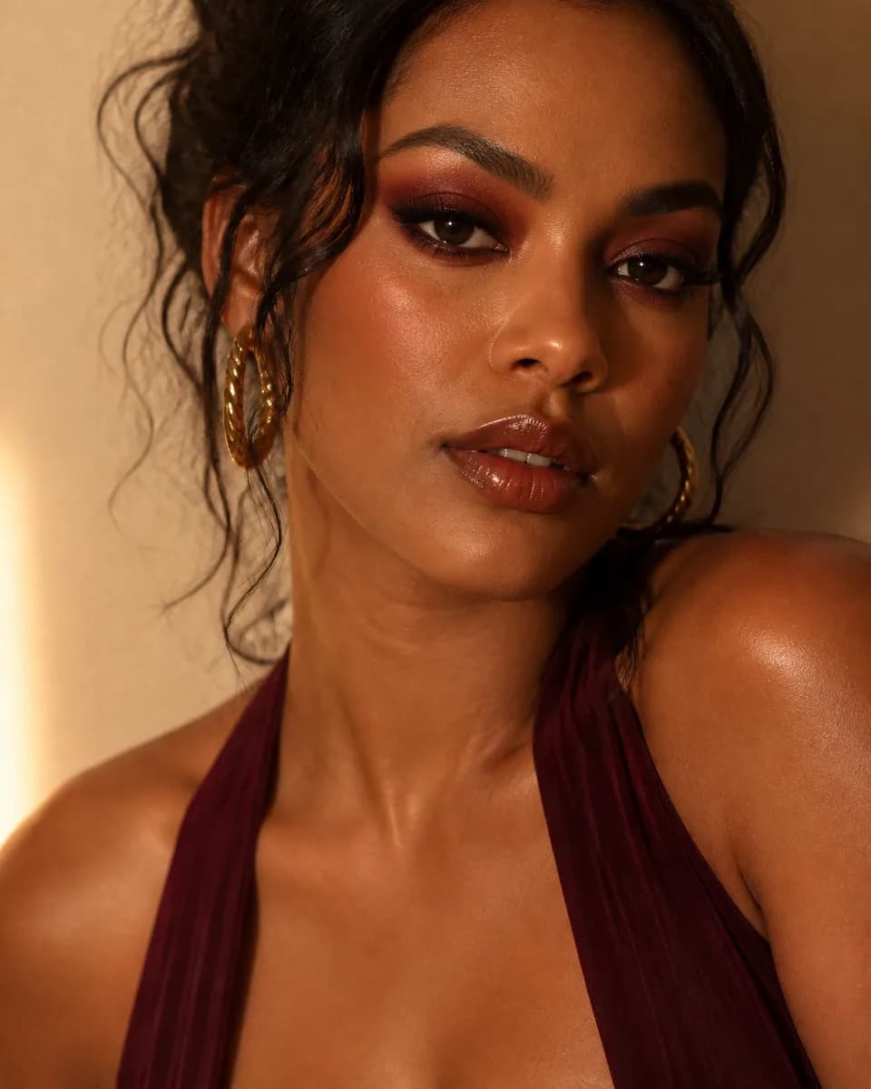 Bia com olho bordô e boca gloss — look de sexta à noite.