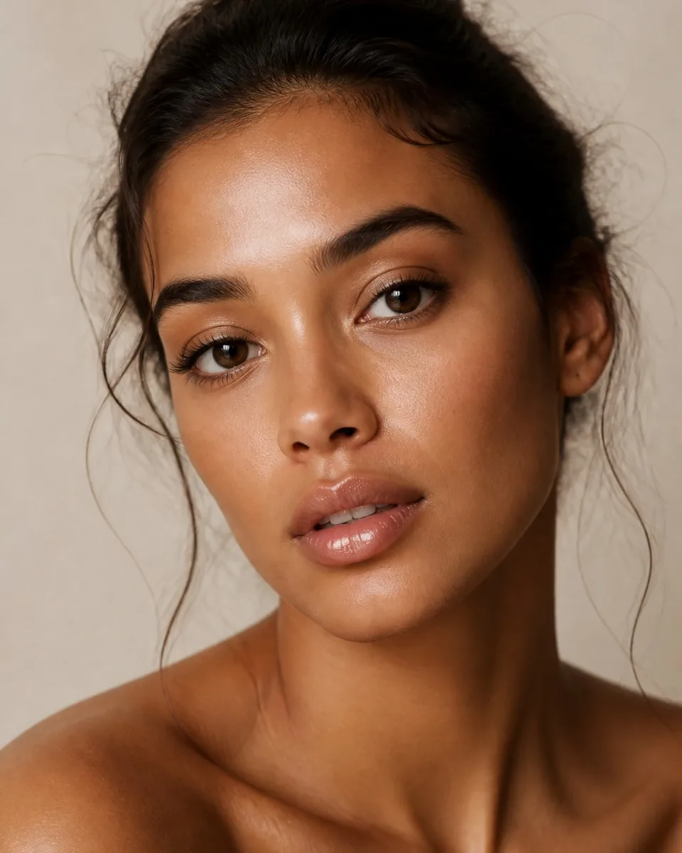 Bia com boca gloss e pele limpa — look de saída em luz quente.