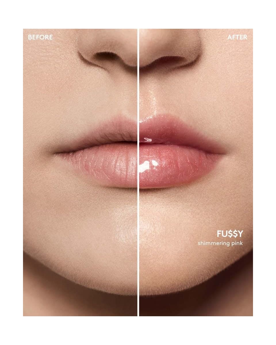 Fenty Beauty Gloss Bomb Universal Lip Luminizer Fu$$y, na boca, antes e depois, foto de Fenty Beauty Brasil