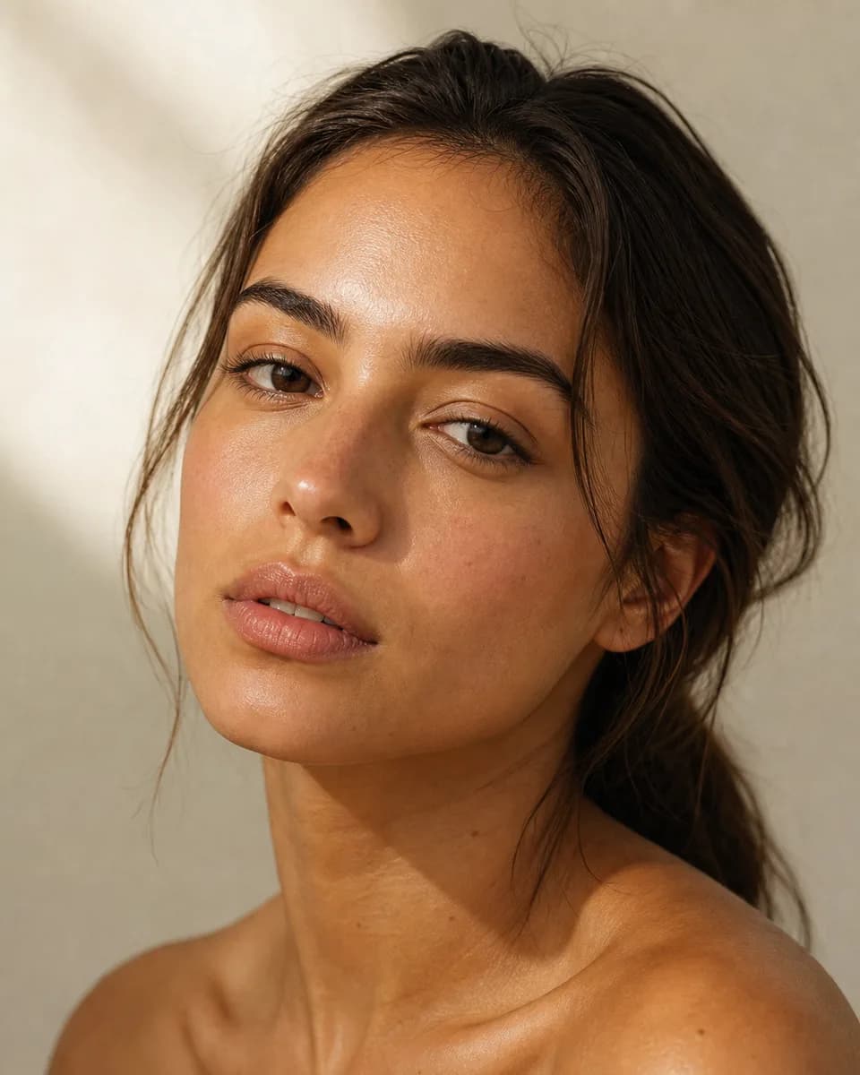 Luiza com pele texturizada, blush rosado e boca nude — look de manhã em luz natural.