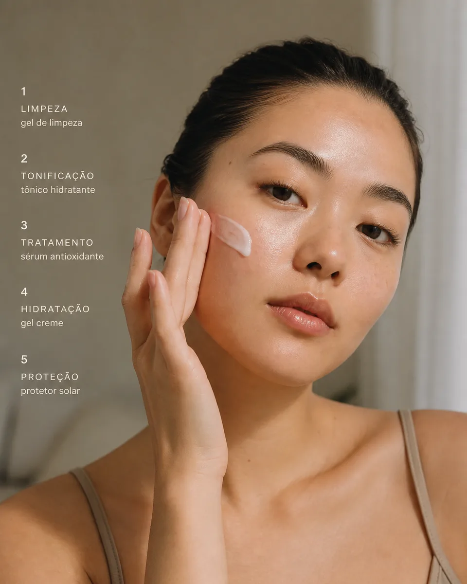 Mina com rotina matinal ordenada — skincare cosmético em luz suave.