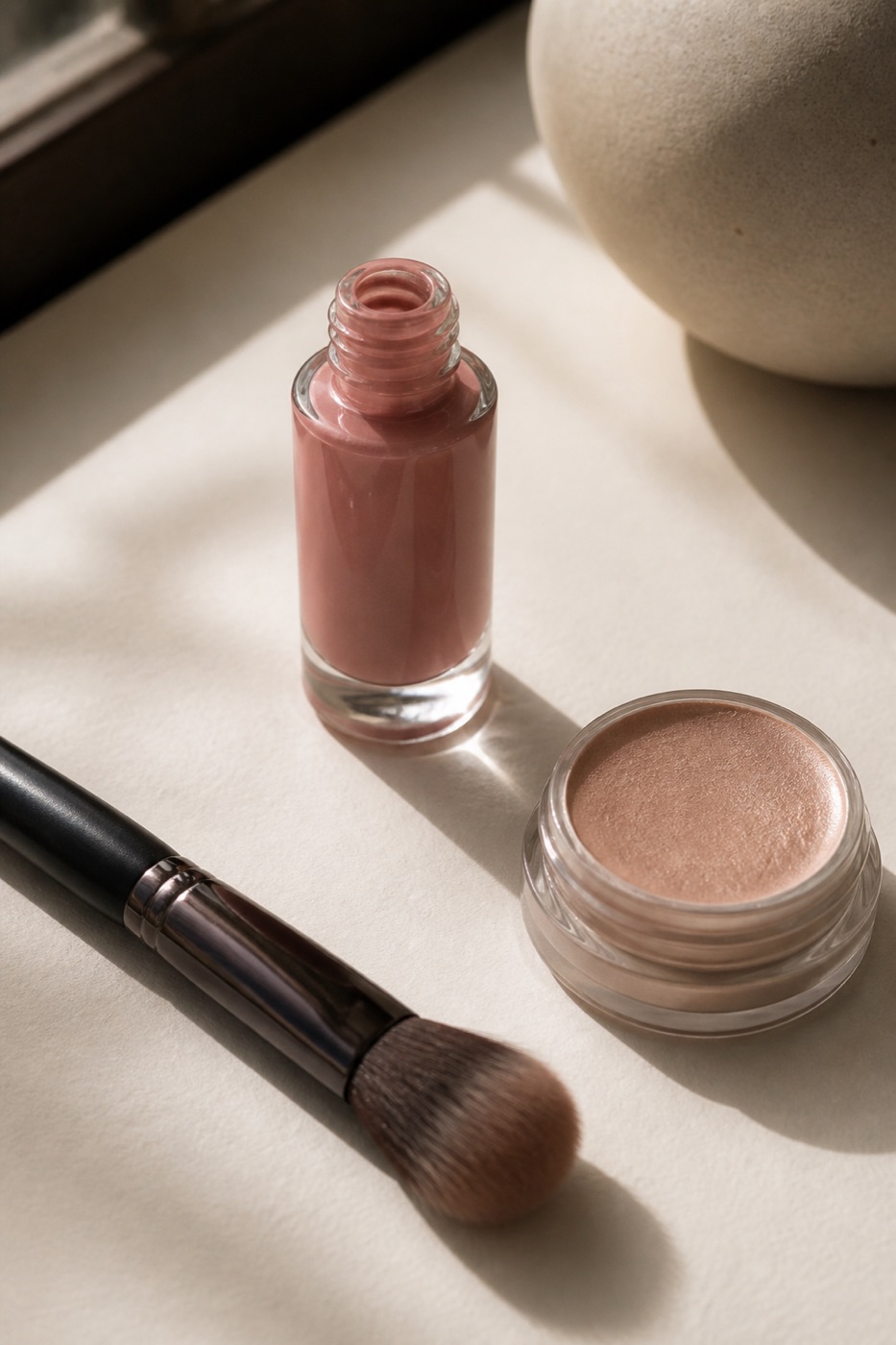 Natureza-morta editorial: blush líquido, iluminador em creme e pincel sobre papel quente. Direção de arte — não é um Look semeado.