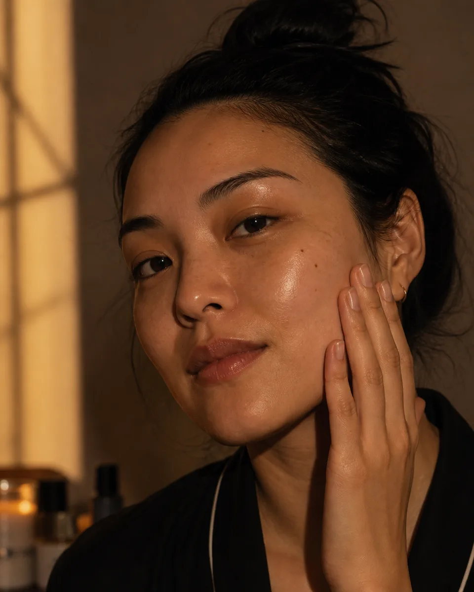 Mina na rotina noturna — limpeza, sérum e creme em luz baixa.